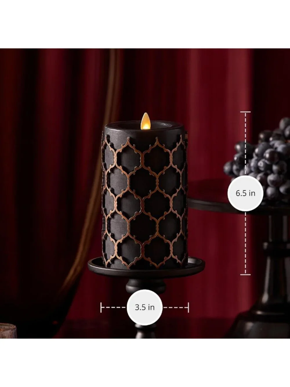 Flameless LED Pillar Candle - Black Embossed, Timer Function, Real Wax, 3.5x6.5